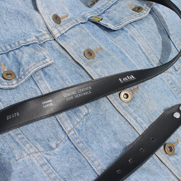 80s Vintage TABI Black Genuine Leather + Suede Silver Western Buckle Belt 32-36" - Picture 5 of 6